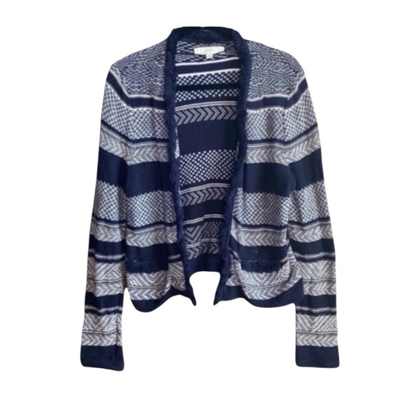 Ann Taylor Loft Navy Blue Sweater Blazer w/ Fringe Trim size women’s medium M - Picture 1 of 6
